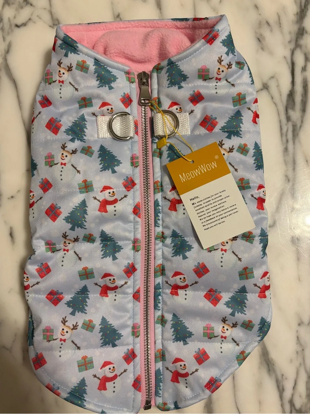Holiday Snowman Pink-Trim Dog Puffer Vest / Jacket